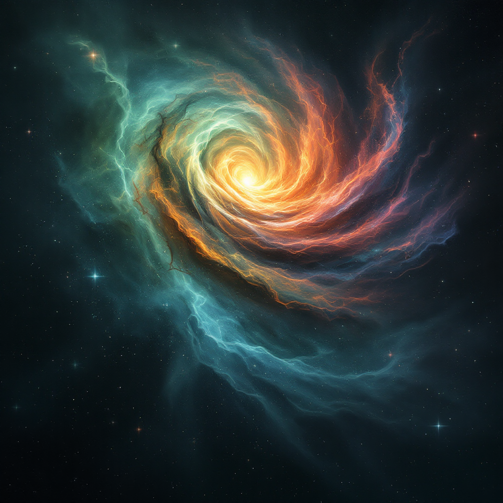 A swirling galaxy in vibrant colors, representing the silence of space, echoes the legacy of dreams and nightmares amidst a backdrop of stars and cosmic clouds.