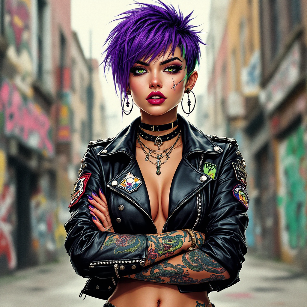 A confident woman with vibrant purple hair and striking tattoos stands in a colorful, urban alley, embodying strength and individuality, reflecting the essence of personal stories and worth.