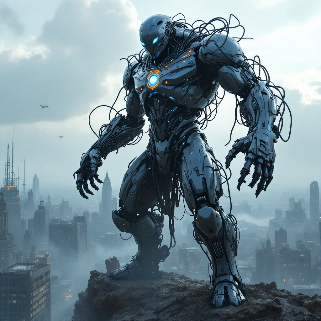 A towering robotic figure stands atop a city skyline, surrounded by a misty atmosphere, embodying strength and resilience in a world dominated by men, inspired by the quote about survival.