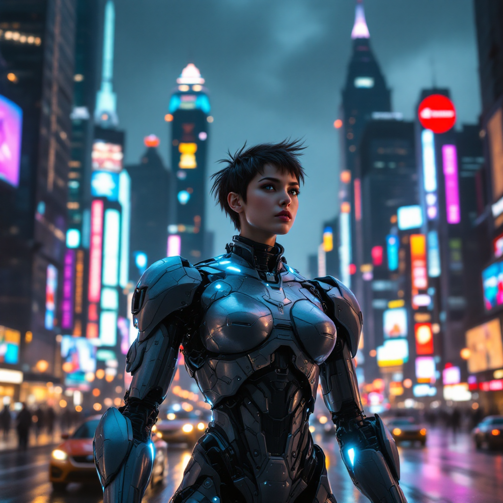 A futuristic figure in sleek armor stands confidently amidst a vibrant, neon-lit cityscape, embodying the quote, “We’re all stories in the end. Just make it a good one, eh?”