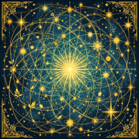 A cosmic design with interconnected golden circles and stars radiates light from a central point, symbolizing the interconnectedness of all things.