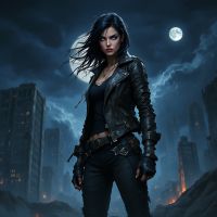 A fierce woman stands confidently in a dark, post-apocalyptic cityscape, embodying courage under a full moon, reflecting the essence of resilience and virtue.