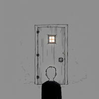 A figure stands in front of a weathered door with a small window, symbolizing reflection on the past as a way to understand the uncertain future.