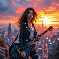 A young woman with wavy hair stands confidently on a city overlook at sunset, holding a black guitar, embodying empowerment and individuality against a vibrant skyline.