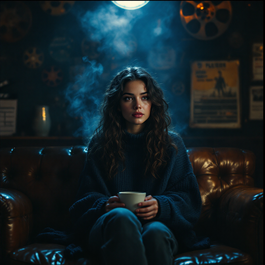 A young woman with curly hair sits on a leather couch, holding a mug, surrounded by a smoky, warmly lit room adorned with vintage decor, embodying a deep sense of emotion and reflection.