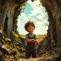 A young boy stands confidently at the bottom of a sunlit hole, surrounded by earthy walls, embodying the quote about rising up from a life in darkness.