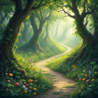 A serene, sunlit forest path meanders through lush greenery and vibrant flowers, inviting exploration and self-discovery, reflecting the essence of wandering in Zikola.