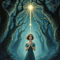 A woman in a flowy dress stands with her hands clasped in prayer, gazing upward at a radiant light piercing through a mystical forest, evoking a sense of deeper meaning and connection.