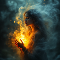 A woman stands serenely, cradling a glowing ember of warmth amidst swirling shadows, embodying the quote about kindness facing silencing forces.