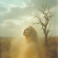 A woman with flowing hair and a light veil stands in a barren landscape, gazing upwards. A solitary, leafless tree stretches toward a cloudy sky, embodying the tension between hope and despair.