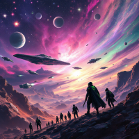 A cosmic scene depicts chosen soldiers of mankind standing in a vibrant, otherworldly landscape, with colorful galaxies and spacecraft in the sky, embodying a celestial battlefield.