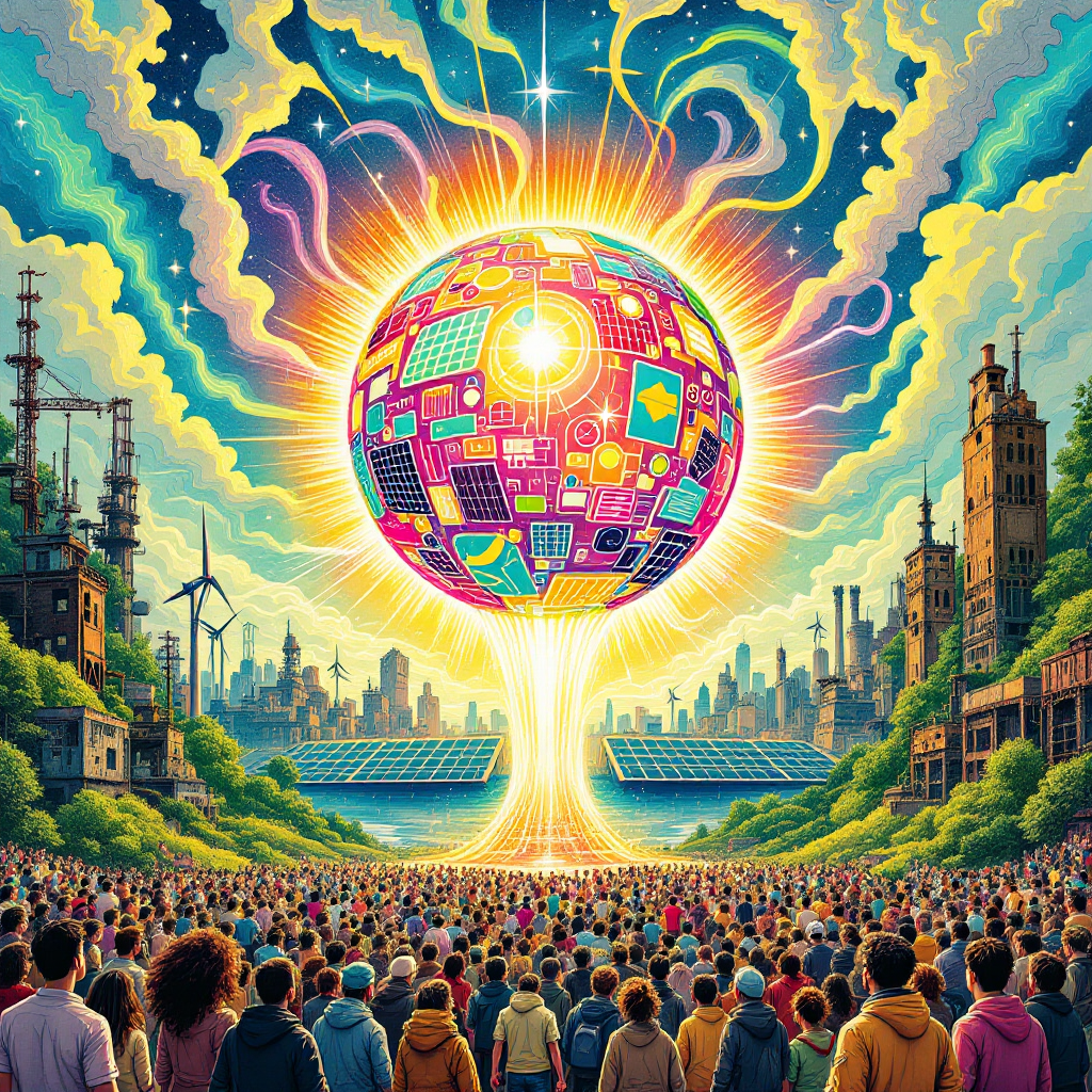 A vibrant crowd gathers beneath a radiant, energy-filled orb, surrounded by renewable energy sources, symbolizing a transformative mindset for true energy independence.