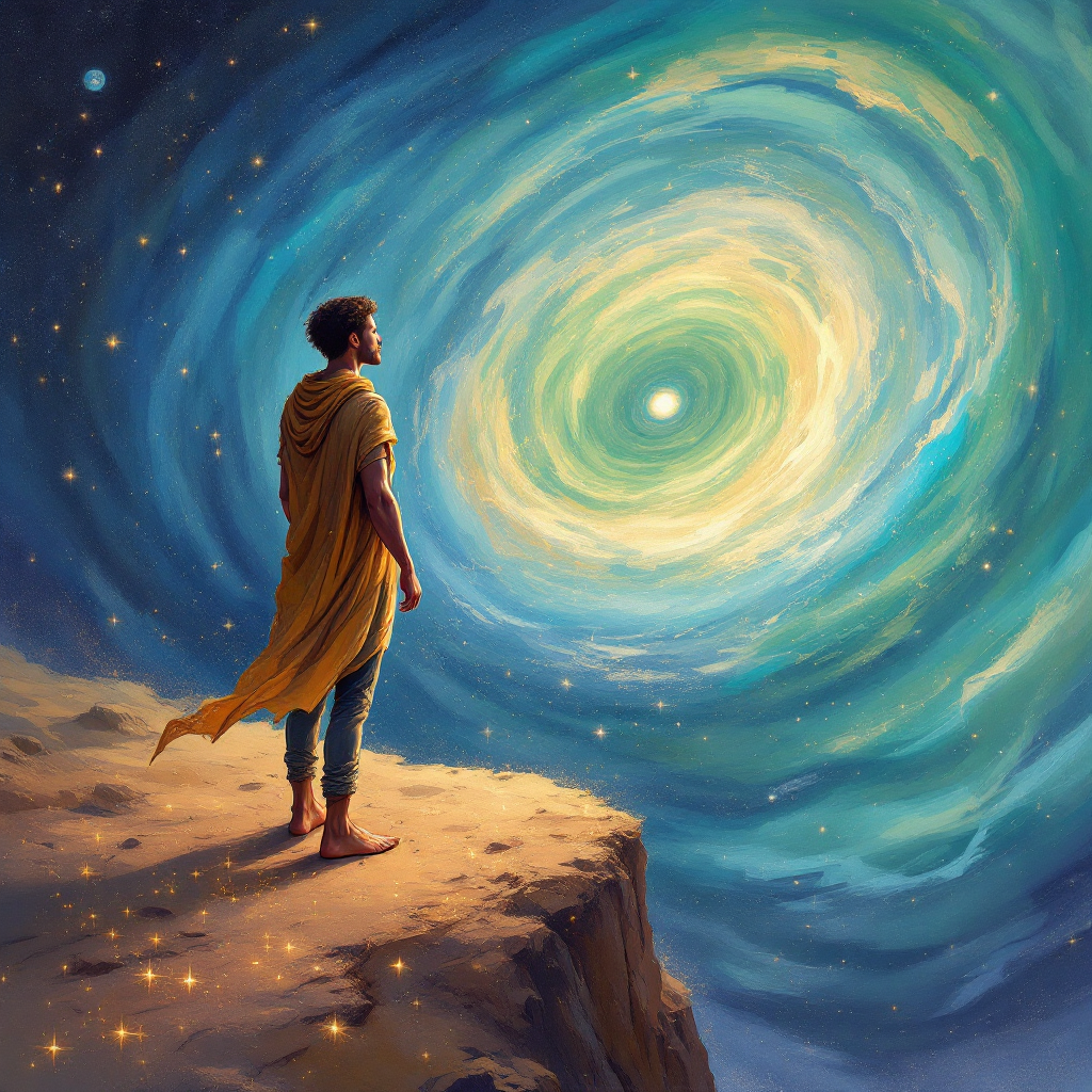 A figure in a flowing robe stands at the edge of a cliff, gazing into a swirling, colorful vortex in the sky, embodying the spirit of exploration and the quest for new horizons.