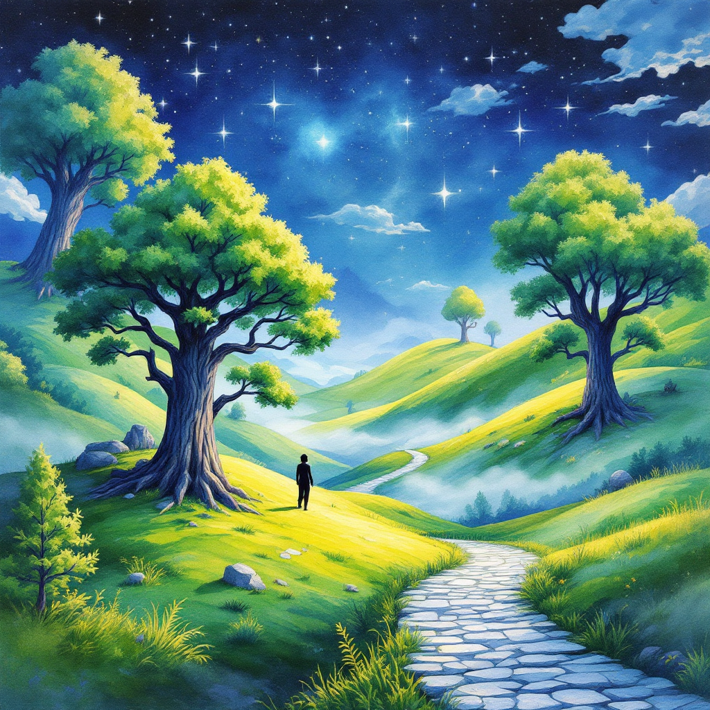 A serene landscape under a starry sky, with lush green hills and winding paths. A solitary figure stands amidst vibrant trees, evoking a sense of being trapped in a beautiful illusion.