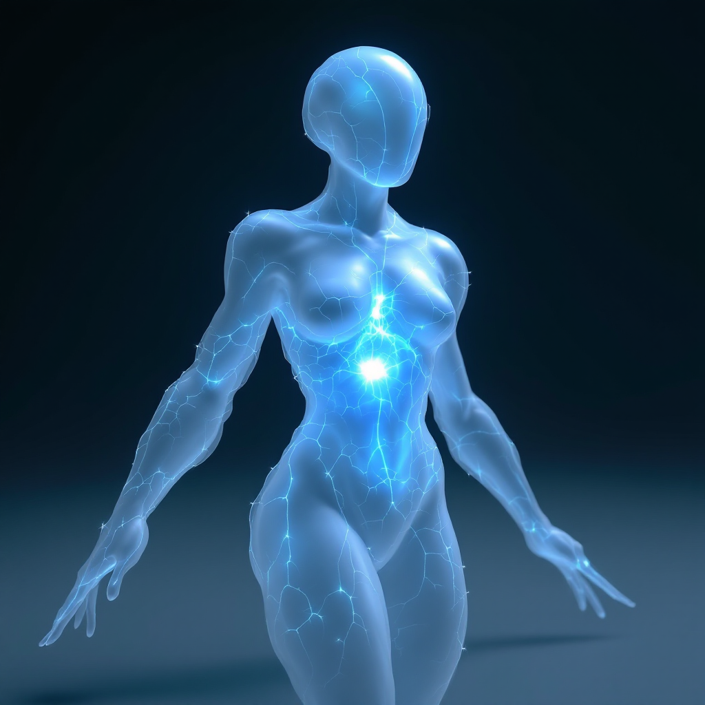 A translucent figure with glowing circuitry emanating from its core stands confidently against a dark background, embodying the essence of choice and awareness.