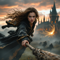 A determined witch soars on her broomstick, hair flowing wildly, as she reaches for the Snitch, with a mystical castle in the background, capturing the essence of a thrilling Quidditch match.