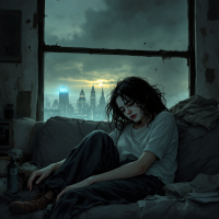 A somber figure sits on a tattered couch, gazing out a grimy window at a stormy cityscape, embodying the resignation reflected in the quote about giving up and feeling guiltless.