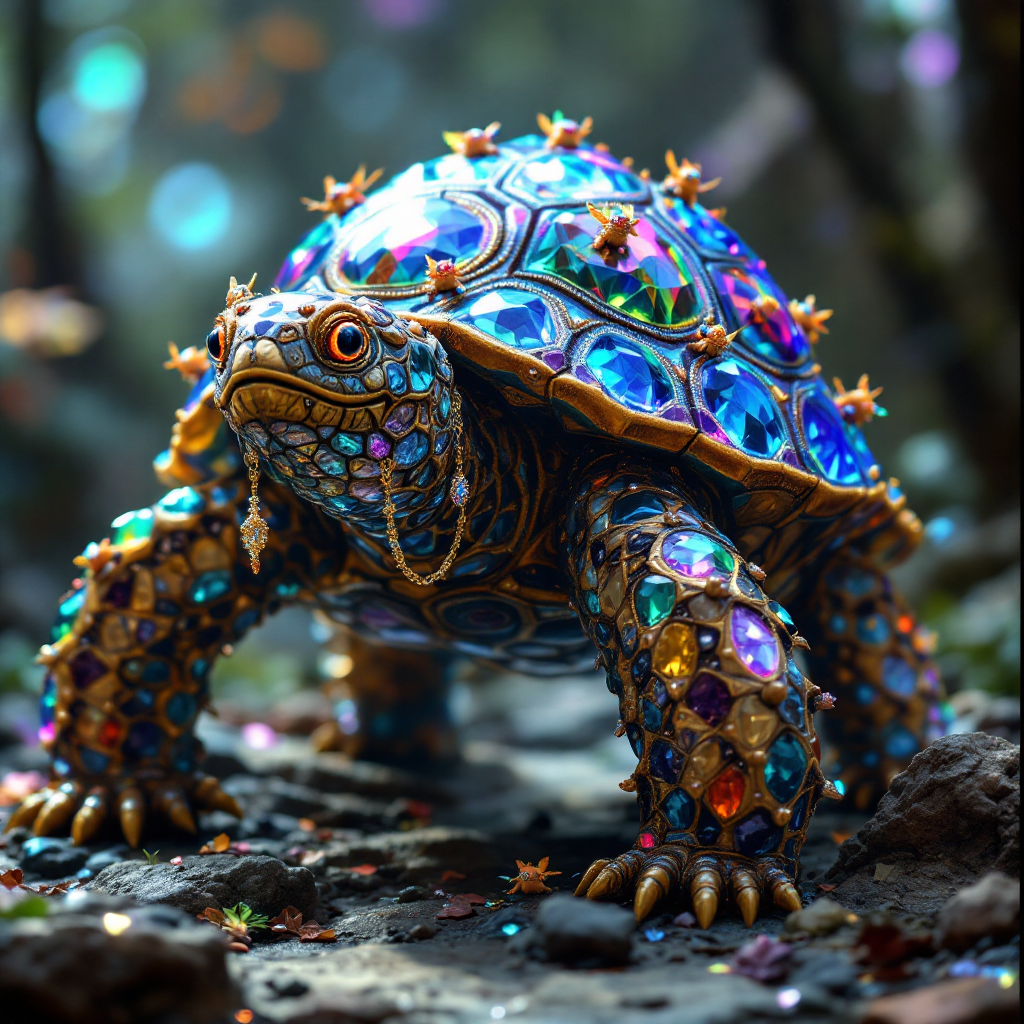 A jewel-encrusted turtle with intricate spiraling patterns on its shell, adorned with colorful gems, features small critters tethered by gold chains, reflecting light from its faceted surfaces.