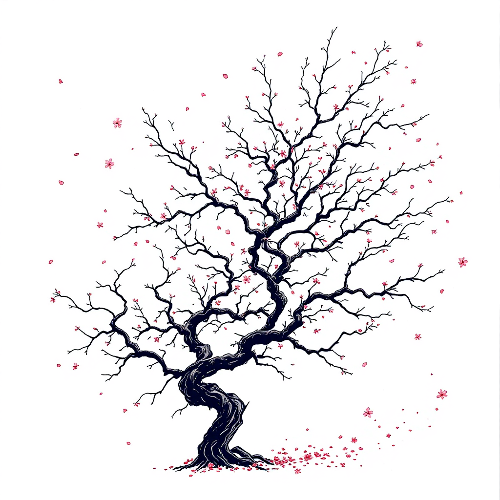 A stylized, bare tree with twisting branches is adorned with scattered pink blossoms, symbolizing beauty emerging from chaos.