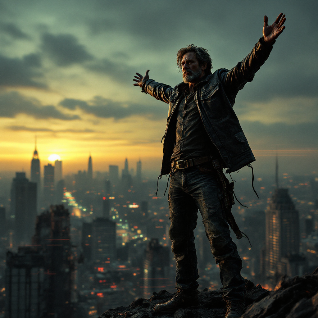 A man stands on a rocky ledge, arms outstretched, overlooking a city skyline at sunset, embodying the quote about the power to shape one's own fate.