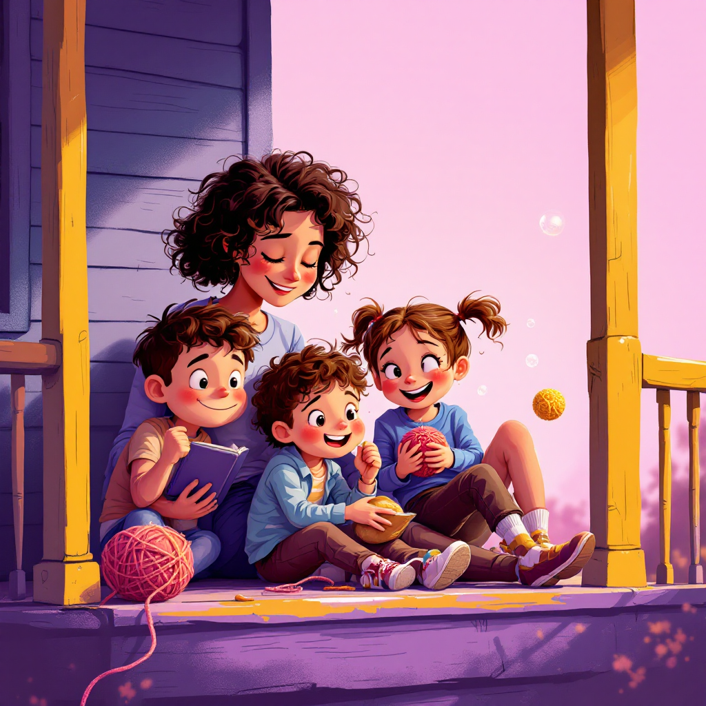 A woman sits with three children on a porch at sunset, sharing joyful moments and laughter, embodying the warmth and complexity of family life.