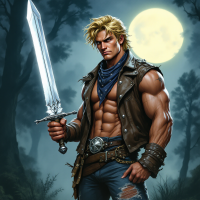 A muscular warrior stands in a misty forest under a full moon, wielding a large sword with determination, embodying the quote, The man who passes the sentence should swing the sword.