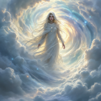 A ethereal figure in a flowing white gown emerges from a swirling mist of clouds and celestial light, embodying the essence of faith and the leap into the unknown.