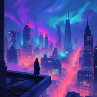 A figure stands on a rooftop overlooking a vibrant cityscape filled with colorful lights and swirling clouds, embodying the idea of having choices and the freedom they bring.