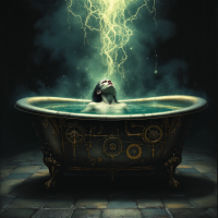 A figure in a vintage bathtub, illuminated by a striking lightning bolt, surrounded by swirling mist, embodies the quote about gradual change and the slow approach of death.