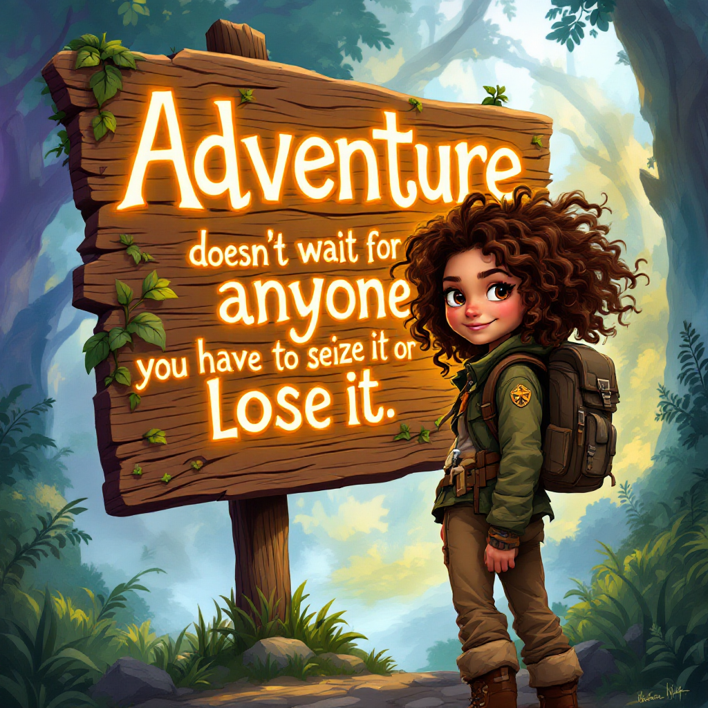 A cheerful girl with curly hair stands beside a wooden sign in a lush forest, proclaiming, Adventure doesn't wait for anyone; you have to seize it or lose it.