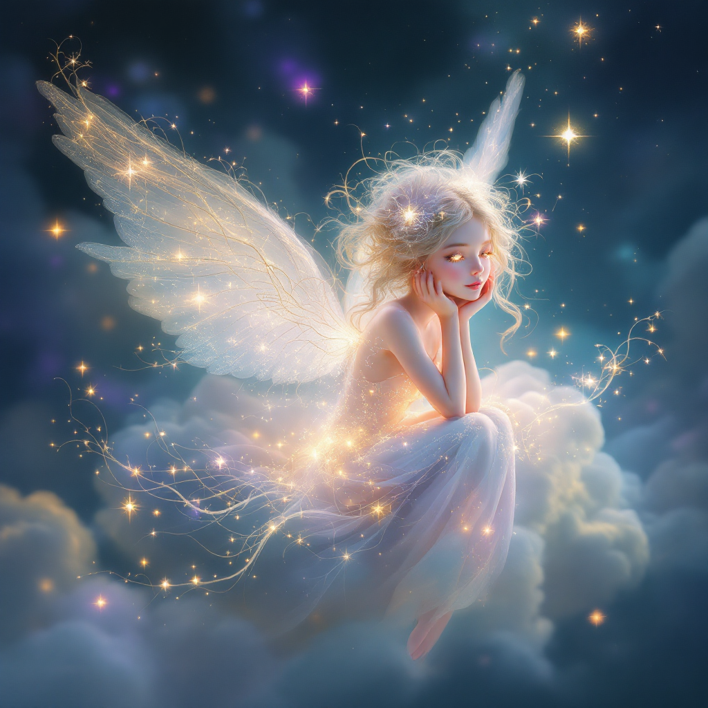 A whimsical fairy with shimmering wings sits among dreamy clouds, embodying the essence of hope as described in the quote about hope being a song in the soul.