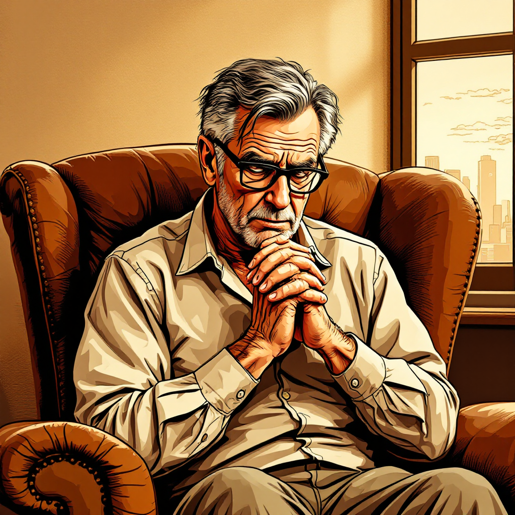 A pensive elderly man sits in a cozy armchair, thoughtfully clasping his hands together. The warm light filters through a window, suggesting contemplation and the urgency of taking action.