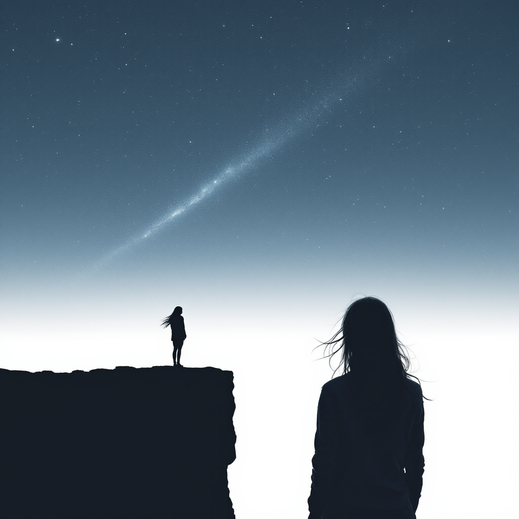 A silhouette of a person standing on a cliff gazes at a starlit sky, symbolizing the universe's reminder of human insignificance and inherent power.