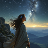 A woman stands on a rocky outcrop, gazing up at a starry sky and the Milky Way, embodying courage as she faces the vastness of infinity at sunset.