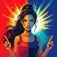 A confident young woman stands at the center, divided by vibrant red and blue backgrounds. She gestures with both hands, embodying bravery and the call to live life fully.