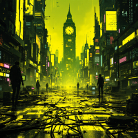 A dystopian cityscape illuminated in green and yellow, featuring towering skyscrapers and a clock tower. The streets are cluttered with debris, hinting at a computer-generated universe.