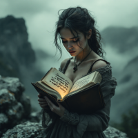 A young woman in a dark dress stands on a rocky landscape, illuminated by the glow of an open book, reflecting on the quote about the weight of victory against a misty backdrop.