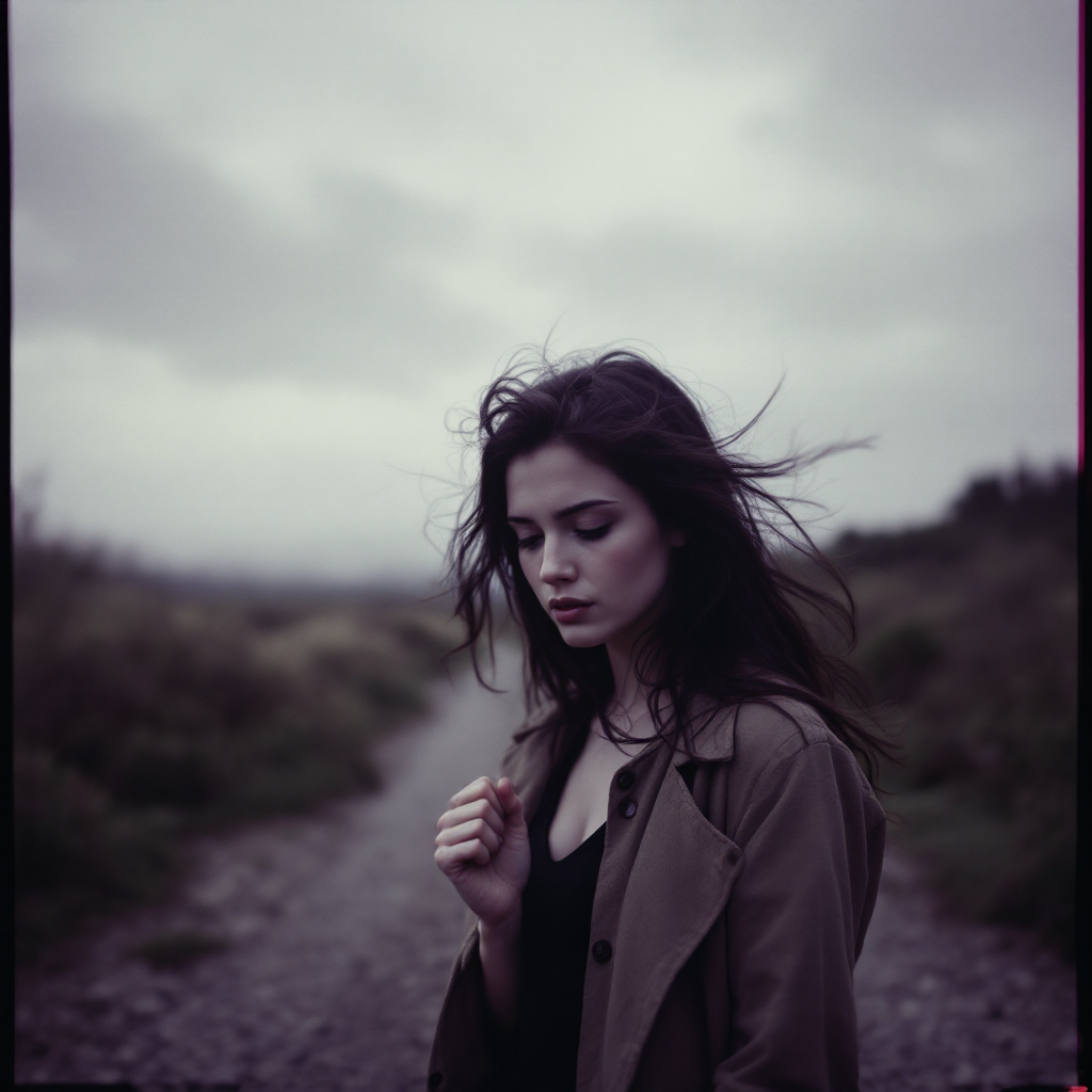 A contemplative woman stands on a winding path, wind tousling her hair, under a moody, overcast sky, embodying the quote's reflection on trajectory versus results.