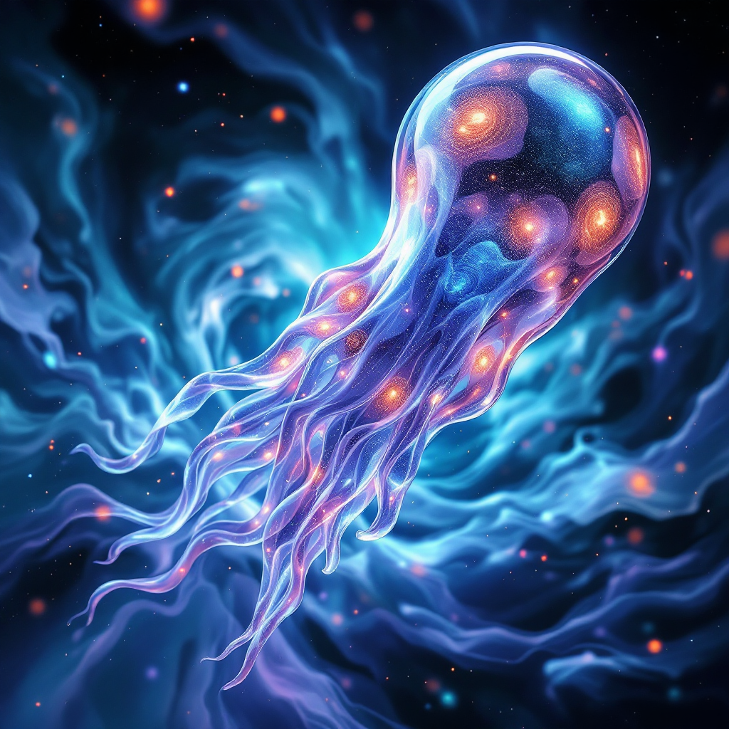 A glowing, otherworldly jelly-like entity drifts through a cosmic backdrop, its translucent body reflecting vibrant colors, representing the Grand Many's unique physiology and energy sources.