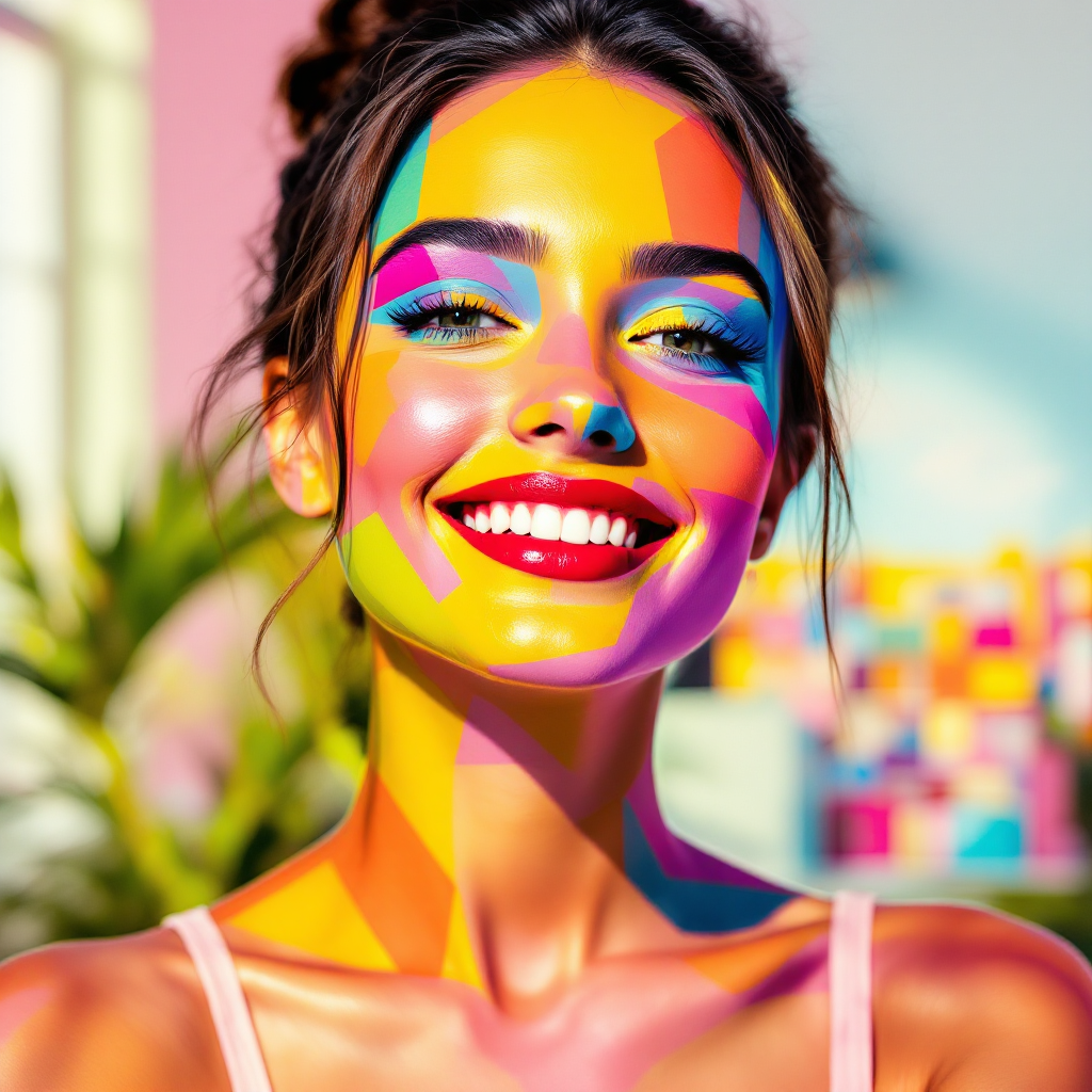 A vibrant portrait of a smiling woman with colorful paint on her face, embodying joy and self-acceptance, reflecting the quote about realizing one's own worth.