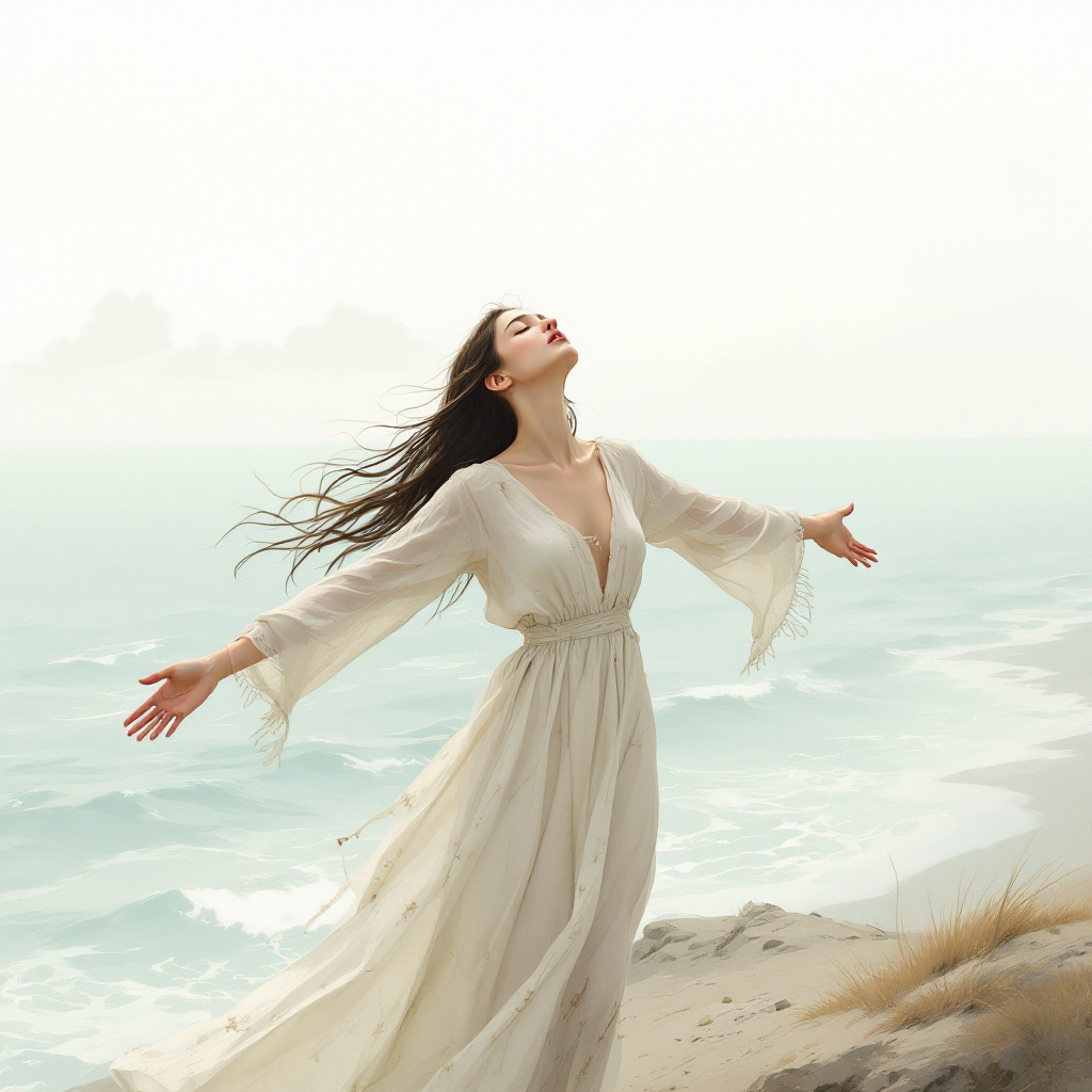 A woman in a flowing white dress stands on a beach, arms outstretched, embracing the serene atmosphere, embodying the essence of seeing with the heart as described in the quote.