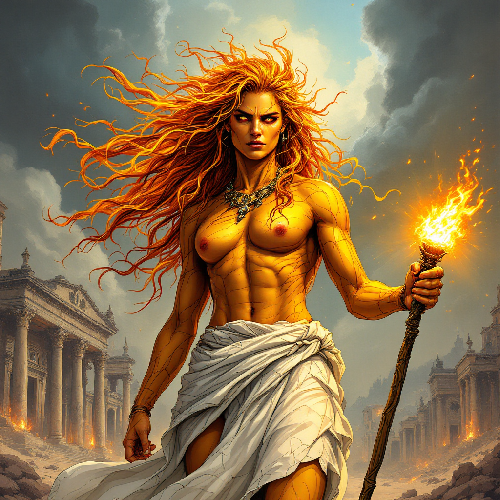 A powerful figure with flowing red hair stands confidently, holding a torch, embodying the dual nature of the sun as both a teacher and a punisher against a dramatic sky.