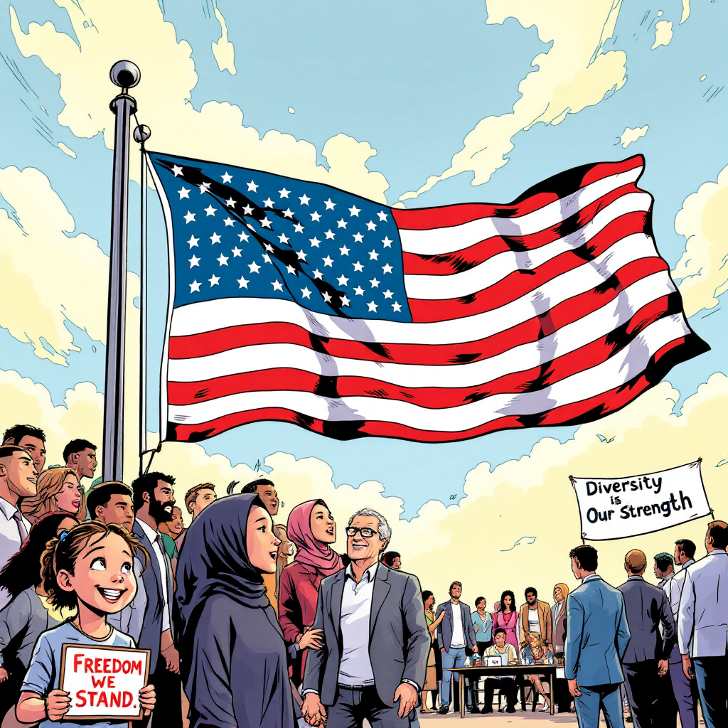 A diverse group of people stands proudly beneath a waving American flag, symbolizing the nation's values and beliefs, with signs promoting freedom and unity in the background.