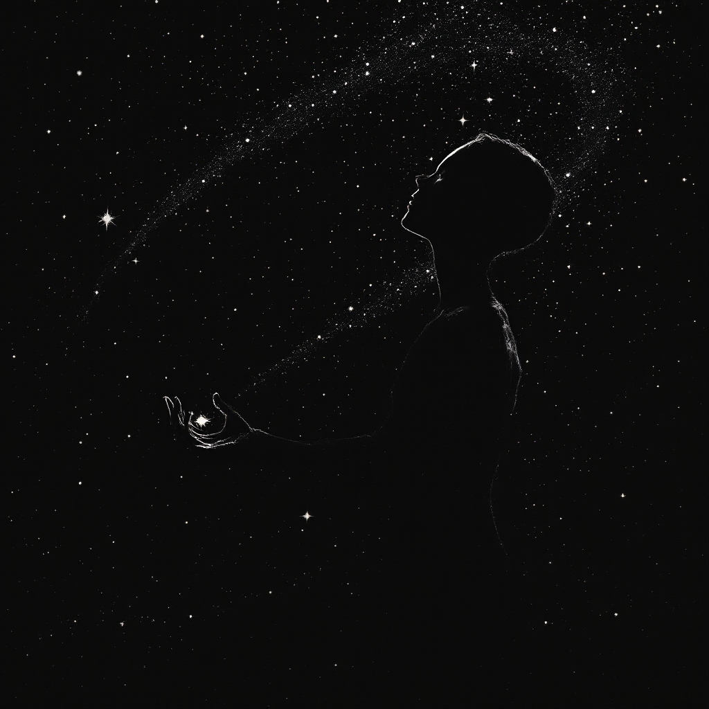 A silhouette of a person gazes upward, surrounded by a starry cosmos, symbolizing the idea that humans are products of chance rather than the pinnacle of creation.