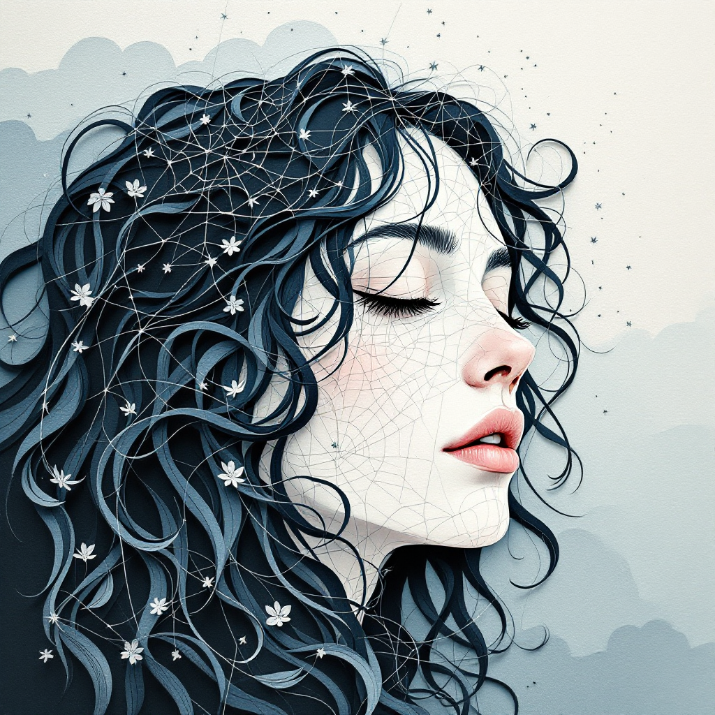 A woman with flowing, dark blue hair adorned with delicate stars and a web-like design, reflecting the dual nature of memory as both a burden and a gift.