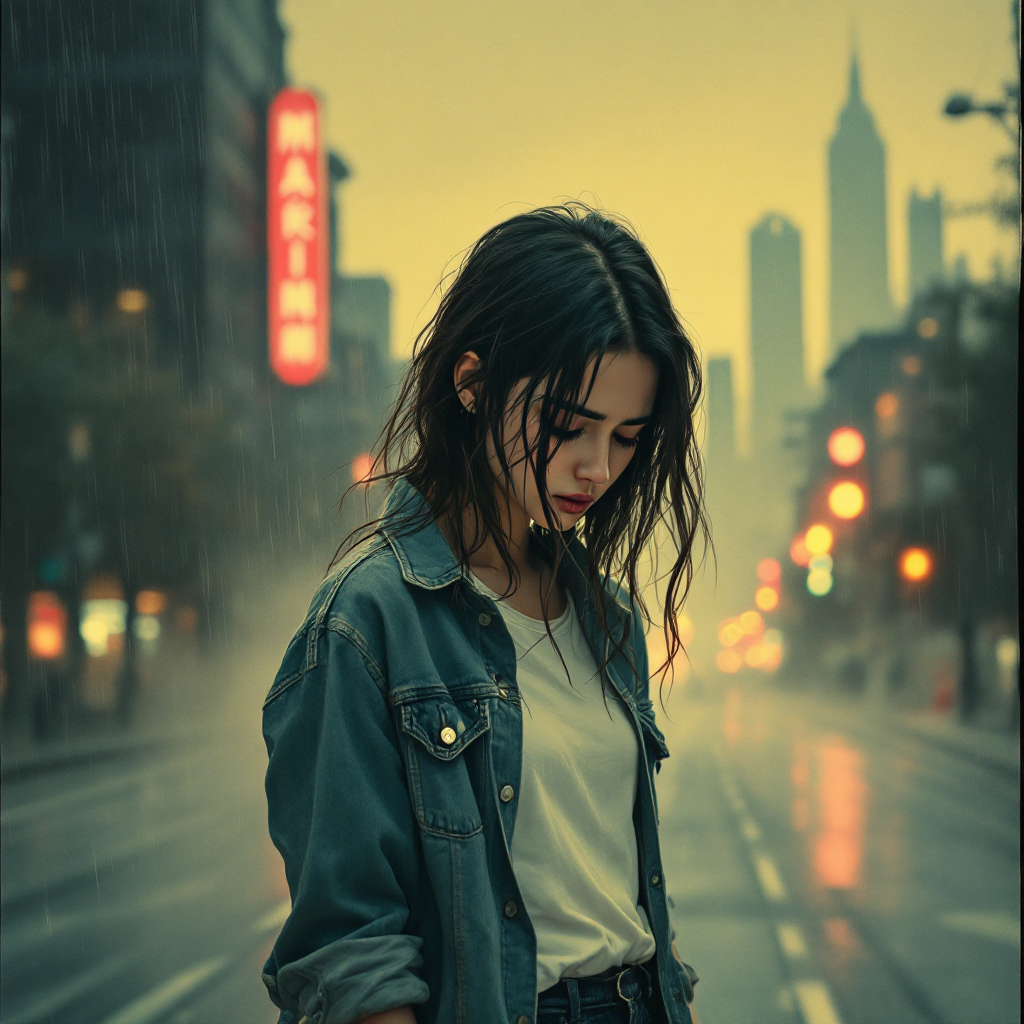 A woman stands alone on a rain-soaked city street, reflecting a sense of contemplation and solitude amidst a moody, urban backdrop, embodying the struggle of making difficult choices.