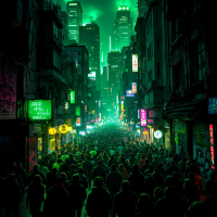 A densely packed street filled with figures, illuminated by vibrant neon lights and towering skyscrapers, captures a sense of anonymity and breakdown within urban life.