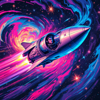 An astronaut piloting a sleek rocket races through a vibrant, swirling galaxy of bright pink, blue, and purple, symbolizing the power to choose one’s own path and control destiny.