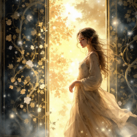 A woman in a flowing dress stands in a sunlit doorway adorned with shimmering flowers, embodying the idea that sometimes we get what we need instead of what we want.