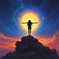 A silhouetted figure stands triumphantly atop a rocky peak, arms outstretched toward a vibrant, swirling sun, embodying the essence of waiting and fighting for what truly matters.